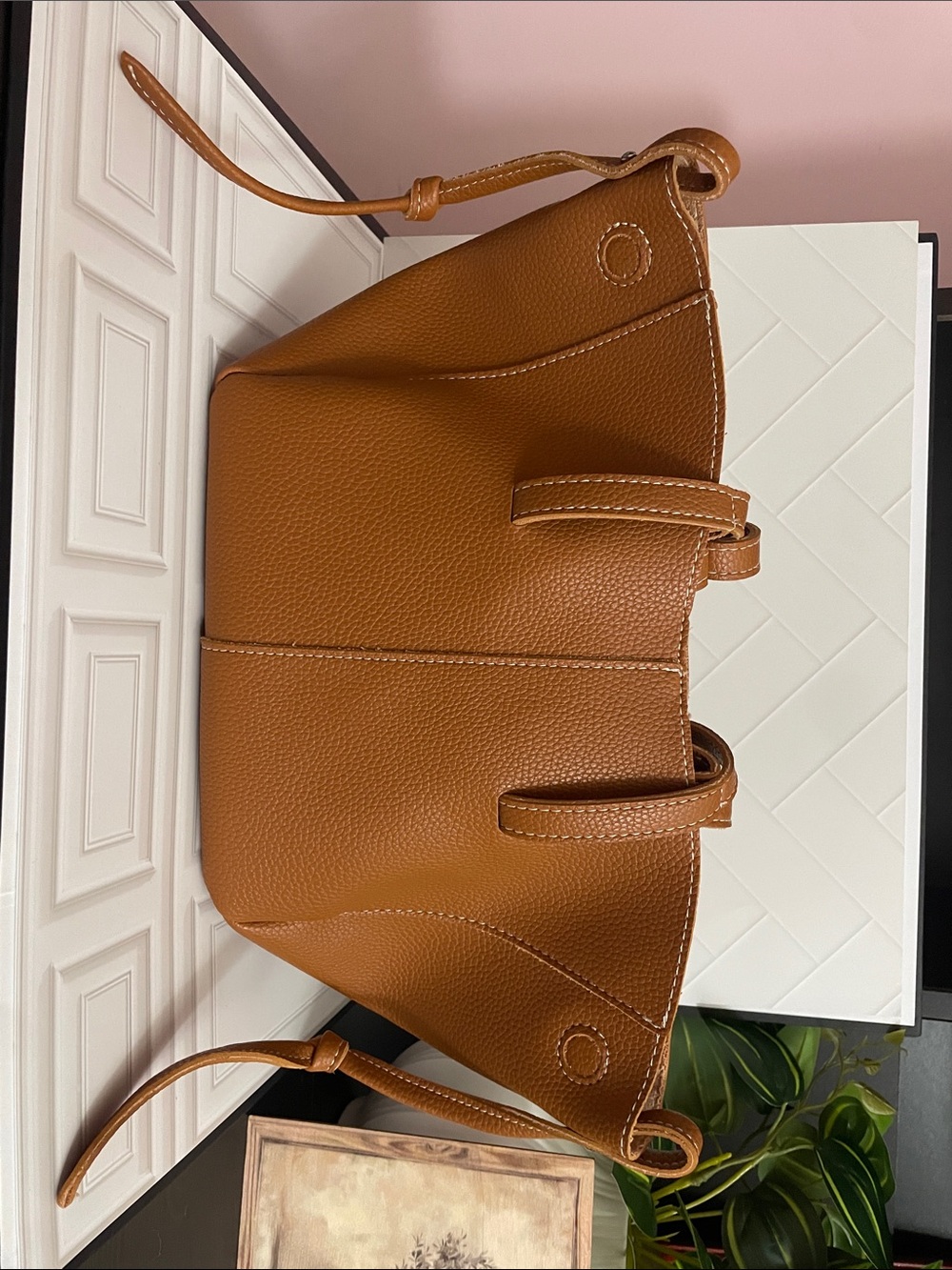Small Structured Pebbled Tote Bag in Cognac Brown